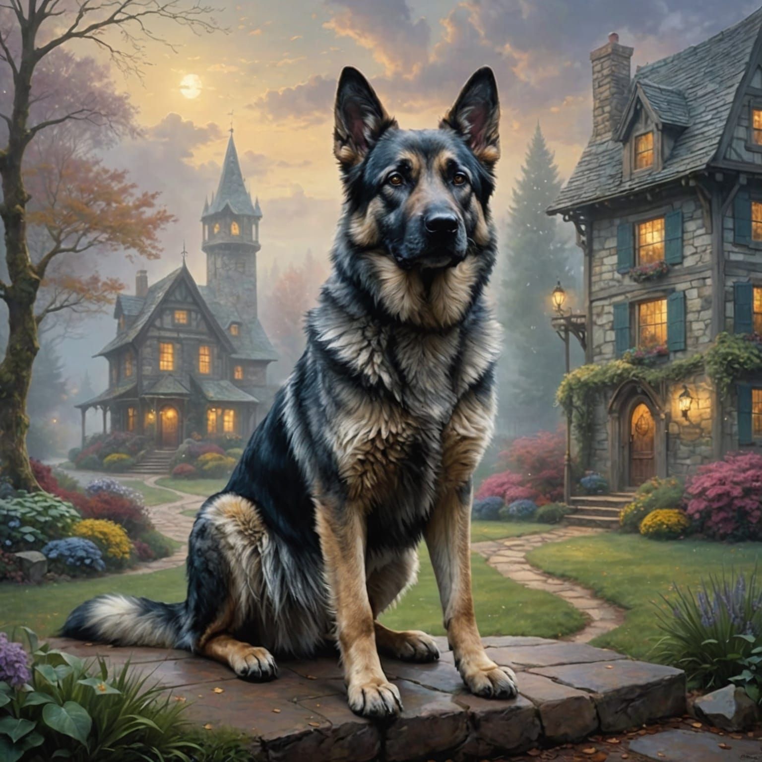 Grey German Shepherd Mix Guards Home in Ethereal Style
