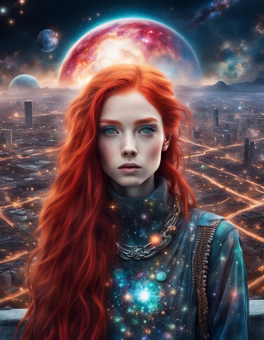 Beautiful Cosmic Punk Galaxy Girl in Crystal City