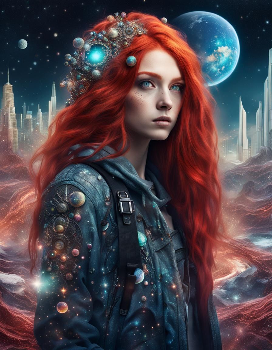 Cosmic Punk Galaxy Girl in Crystal Cityscape