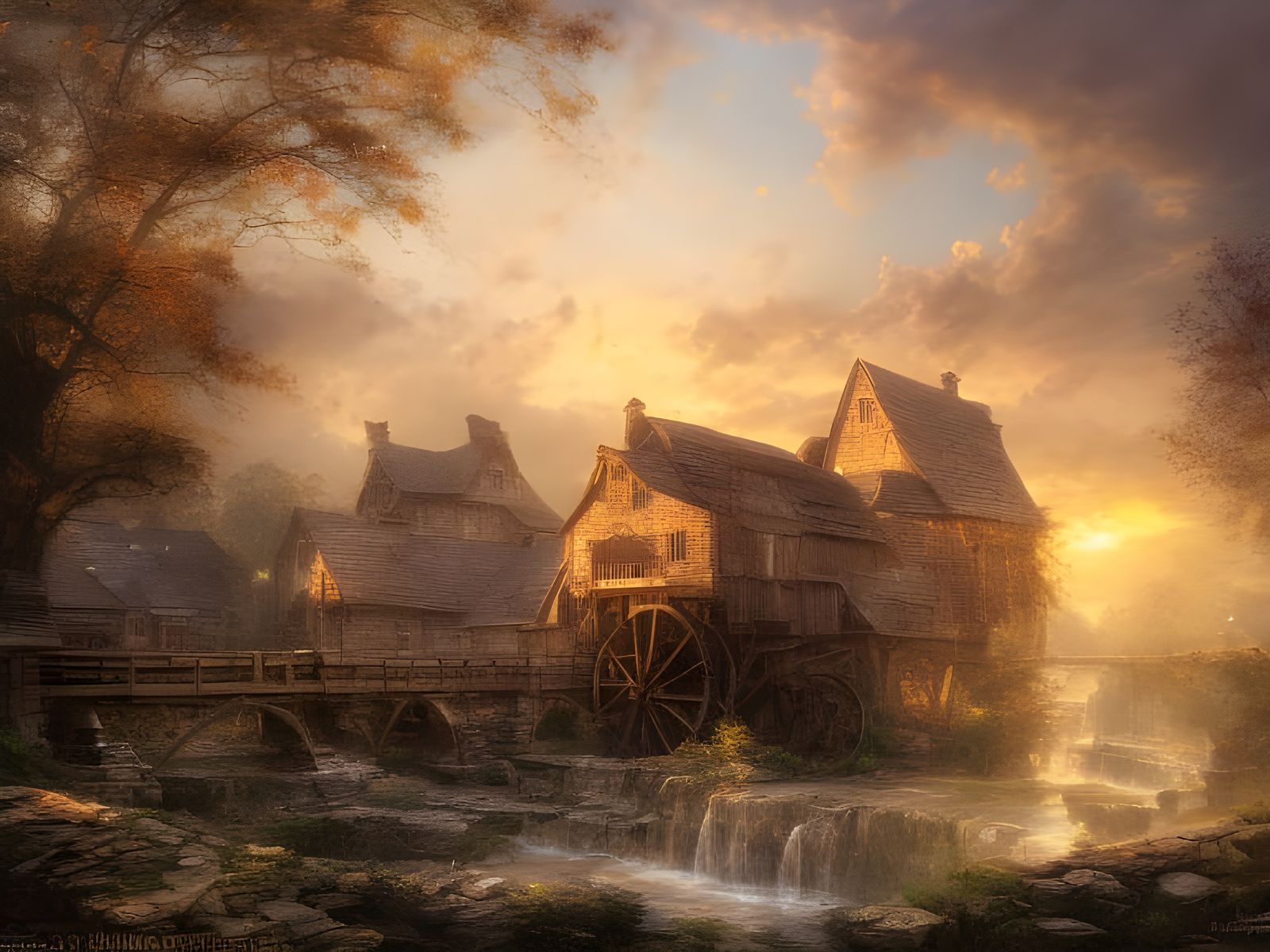 Medieval Watermill at Sunrise in Fantasy Art Style