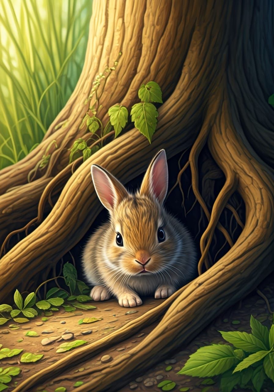 Scared Bunny Hiding From Giant Cat