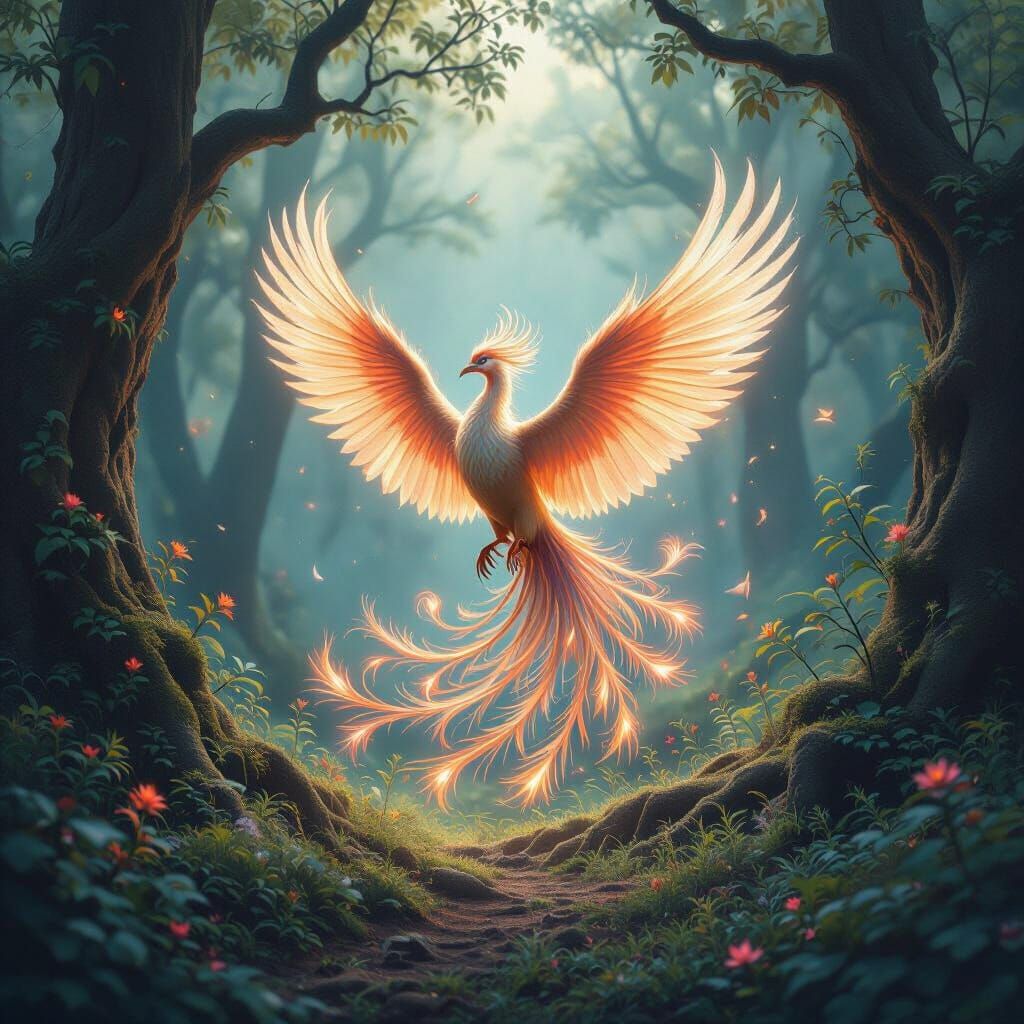 Majestic Phoenix Rises in Dreamlike Watercolor Forest
