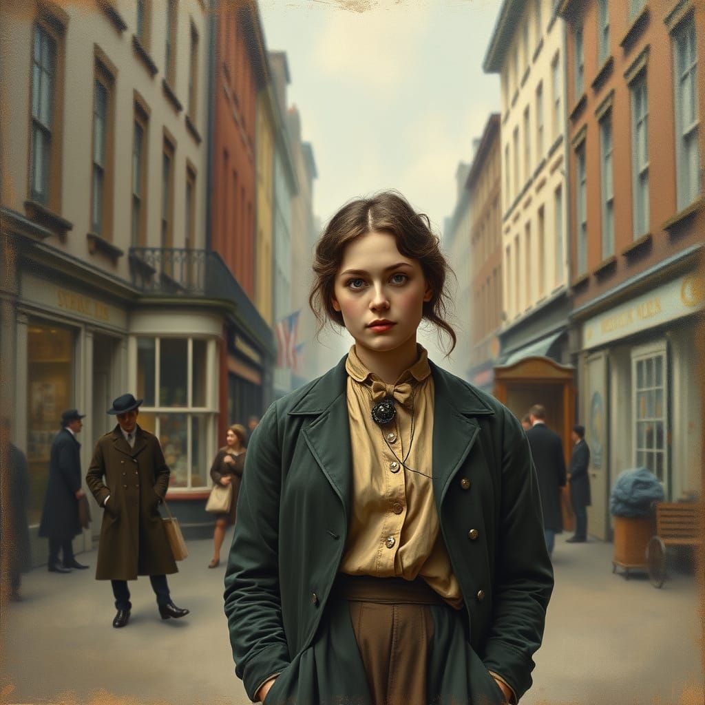 Elegant Victorian Woman in Bustling London Street Scene