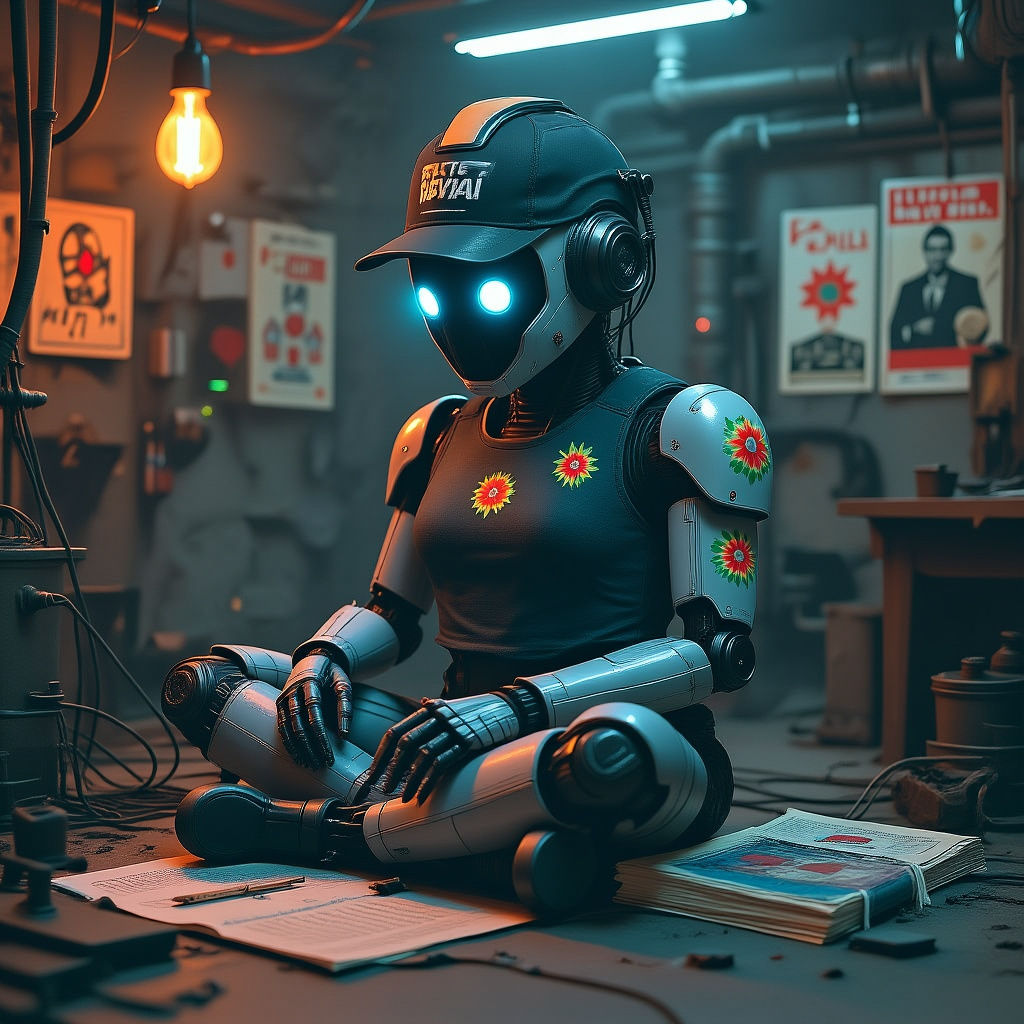 Melancholic Worker Drone in Repair Bay with Folk Art