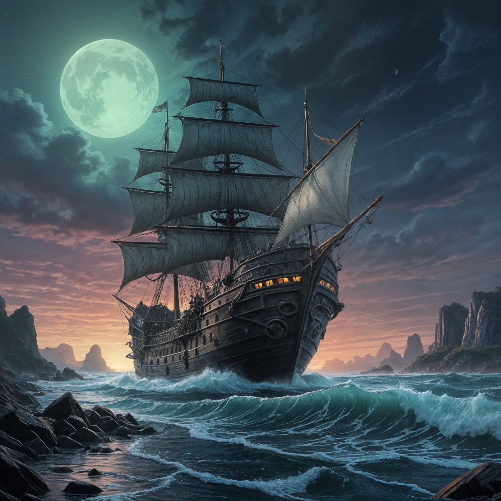 Timeless Ship Sails Across Glowing Seashell Portal