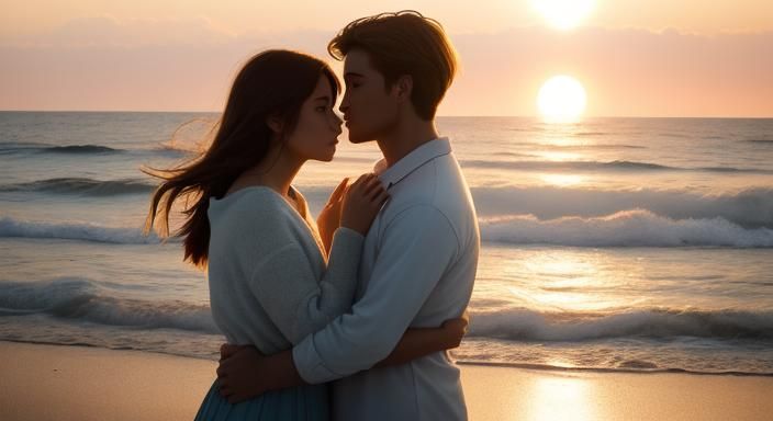 Romantic Couple Embrace on Beach at Sunset