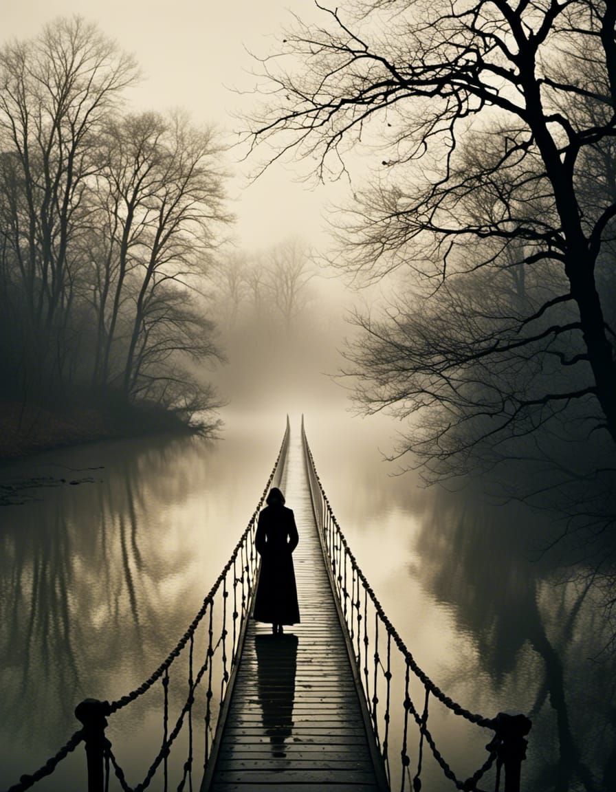 Mysterious Figure on Bridge in Eerie Fog