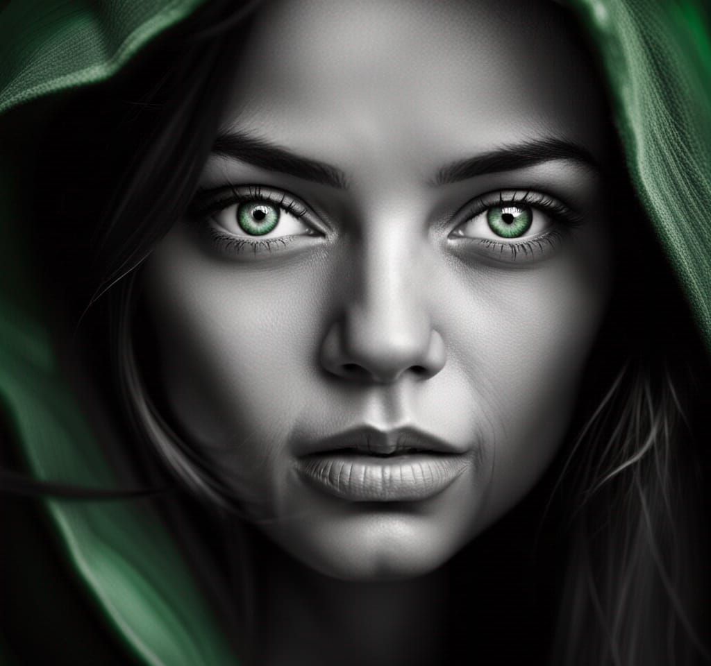 B&W Beautiful Young Lady, head shot,amazing face, outstanding resolution, realistic ocean green eyes, Ilford photo textu...