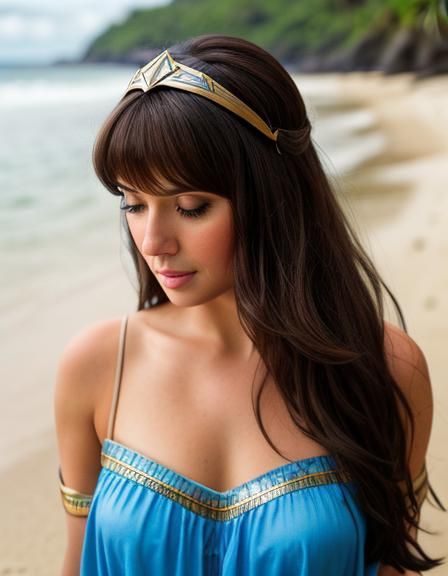 Brunette Woman on Tropical Beach in Realism Style