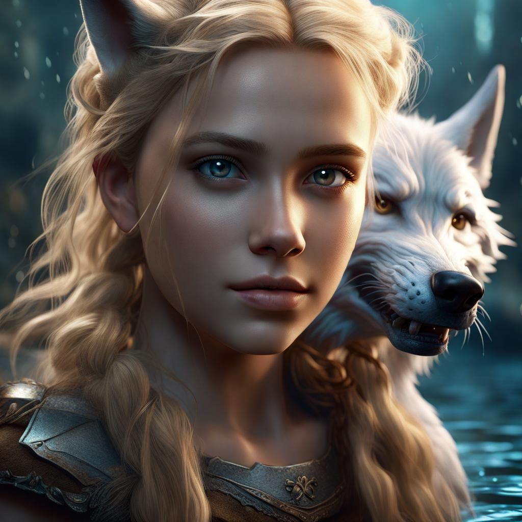Girl with Water Wolf Pet: Fantasy Concept Art