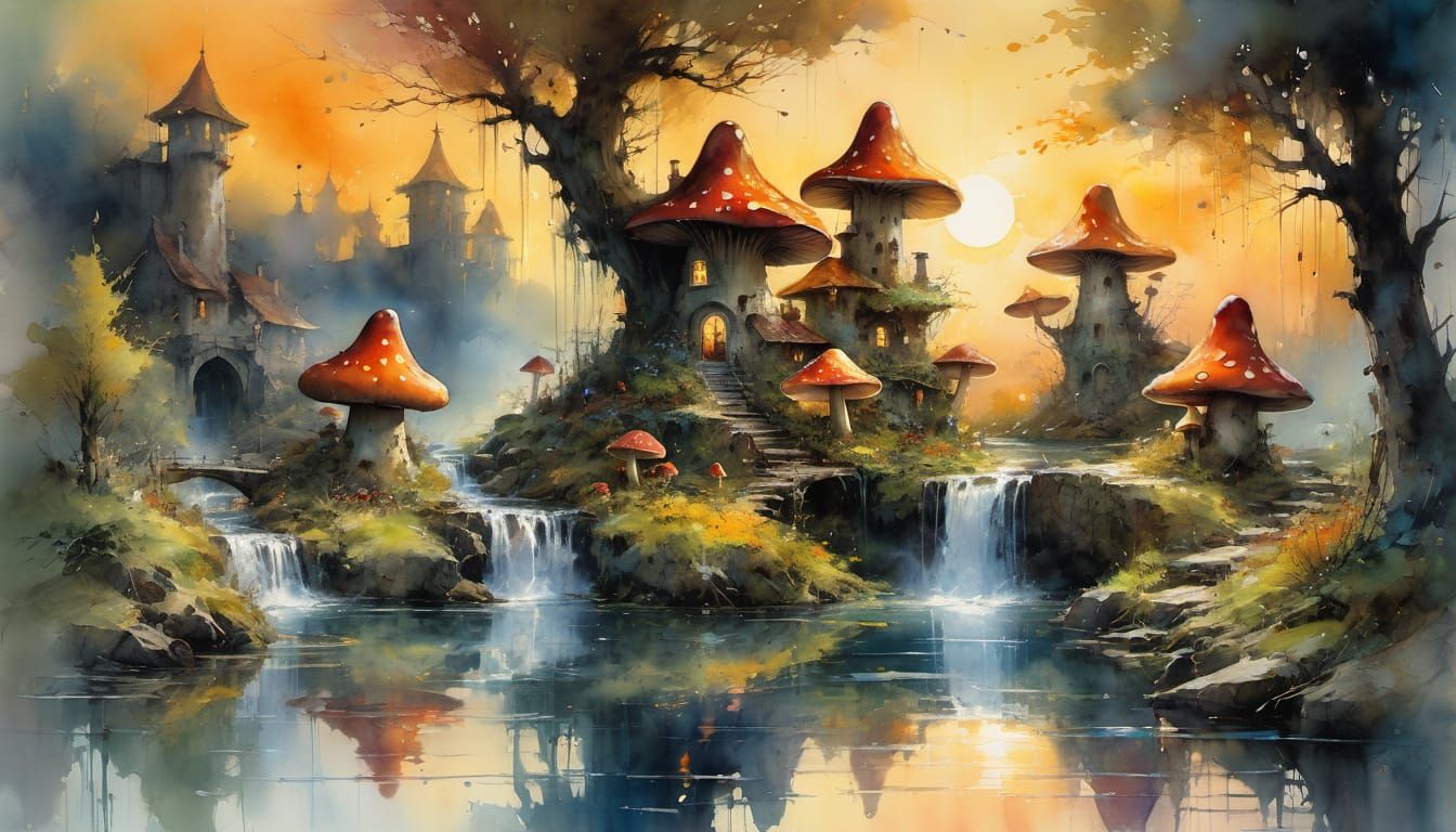 Whimsical Watercolor Fairy Village at Sunset