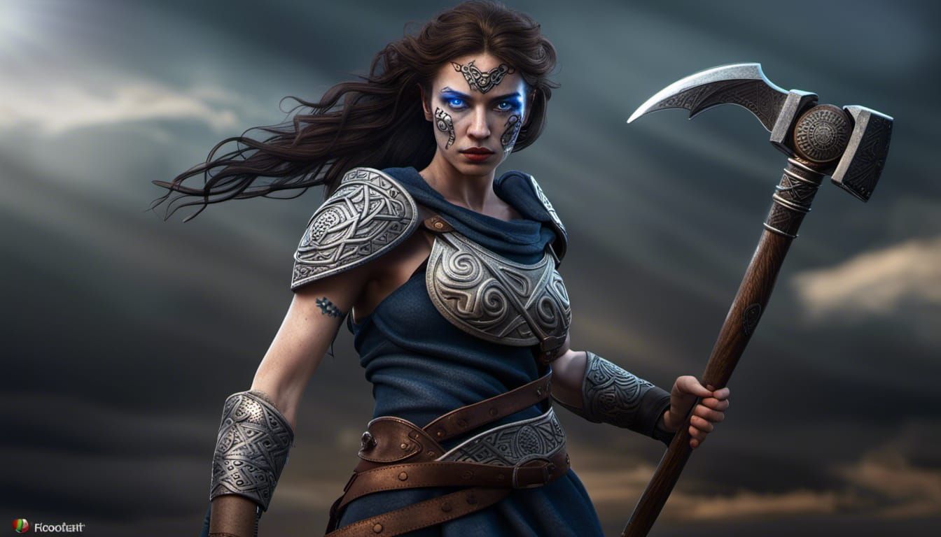 Photorealism, striking female Irish Celtic warrior, oval face, dark wavy hair, iridescent blue eyes, holding a battle ax...