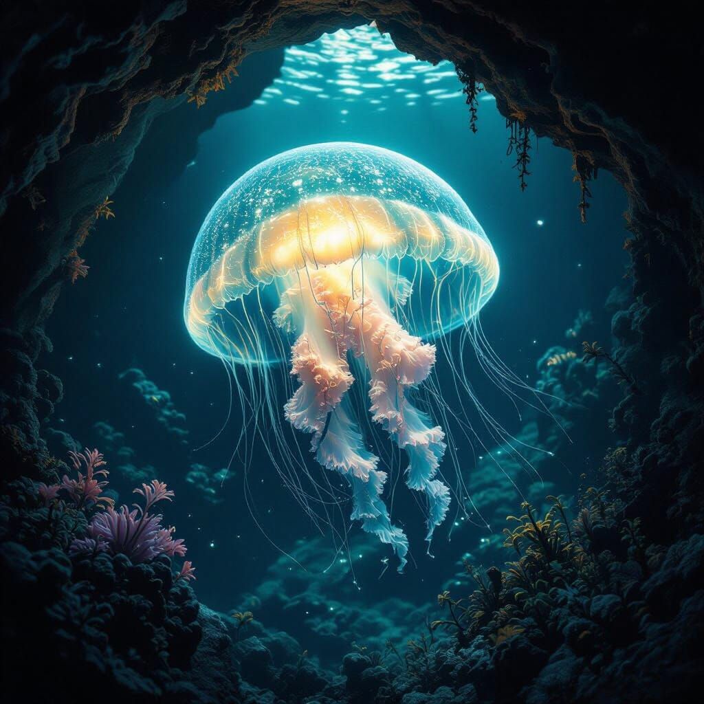 Bioluminescent Jellyfish in Underwater Cave: Surrealist Art