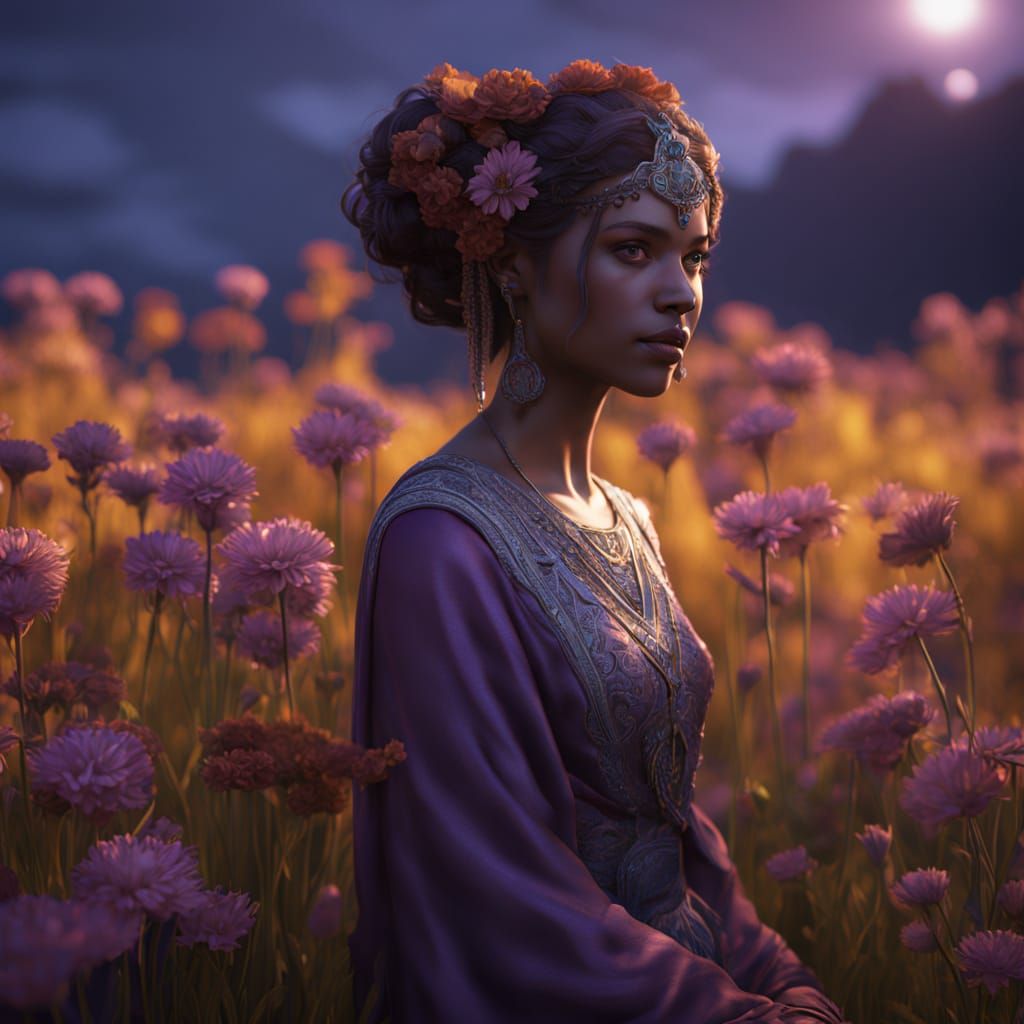 Goddess in Art Nouveau Style Flower Field Portrait
