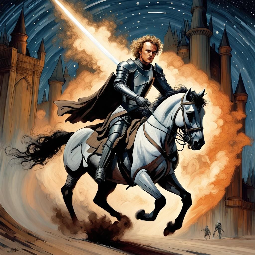 Knight Galloping Before Exploding Death Star, Retrofuturism ...