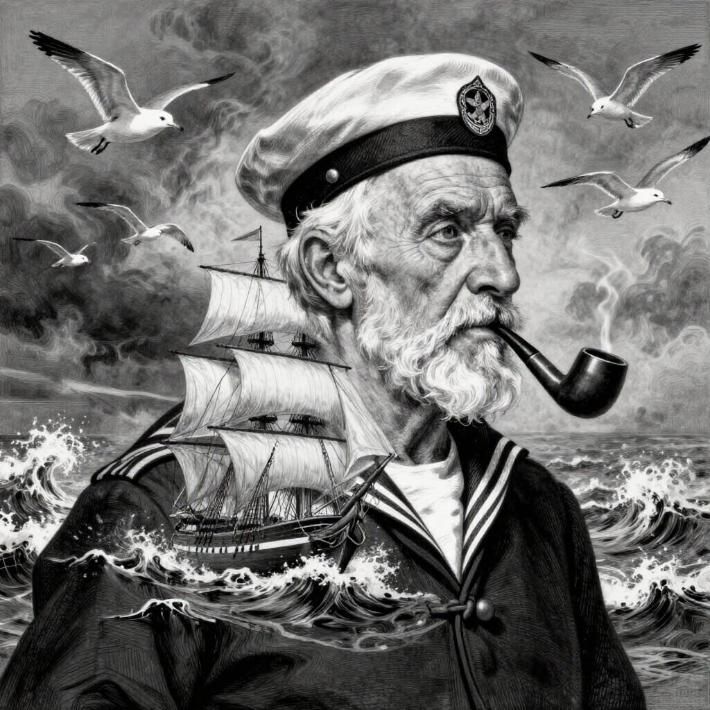 Elderly Sailor Contemplates Stormy Seas