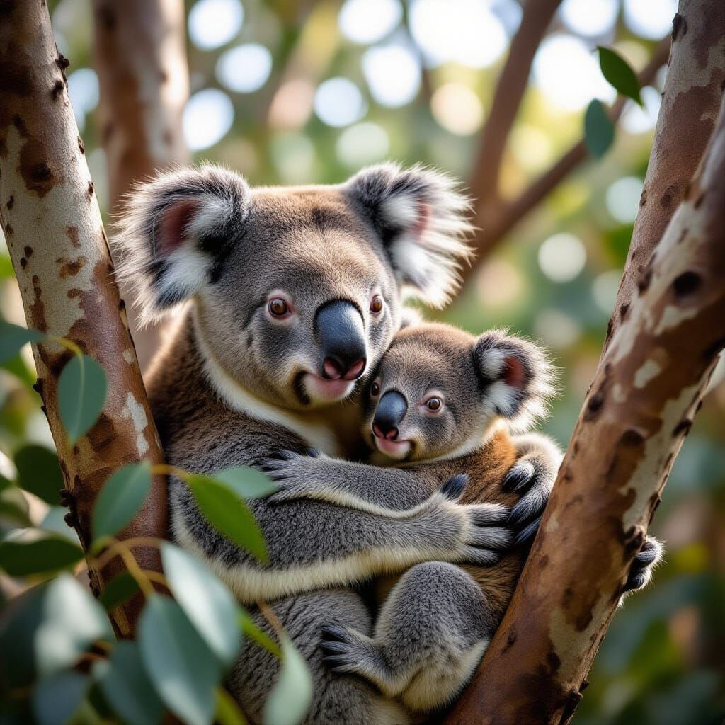 Koala Family in Eucalyptus Tree Cinematic Still