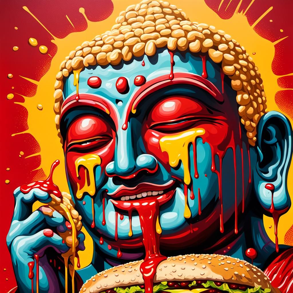 Giant Buddha Eats Burger in Vibrant Pop Art Style