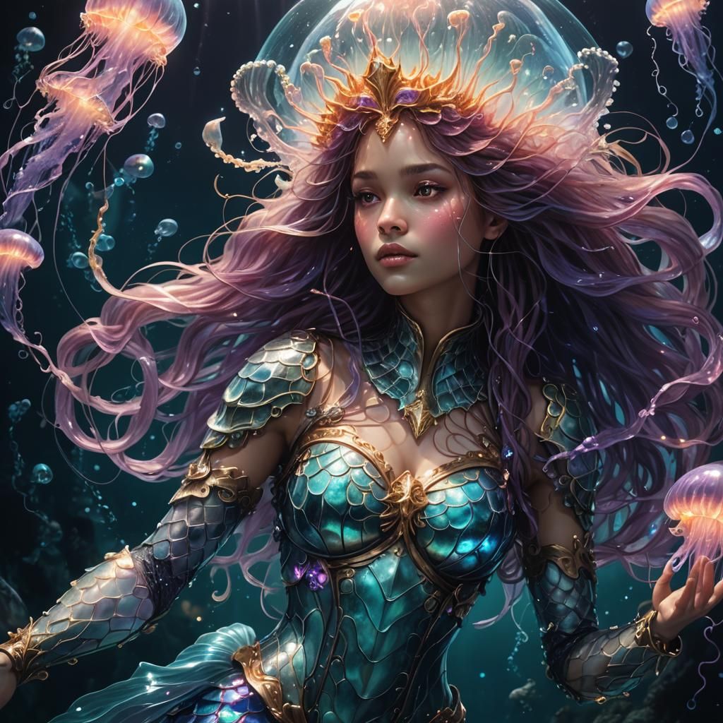 Armored Mermaid and Bioluminescent Jellyfish in Abyss