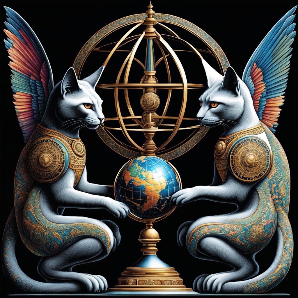 Stipple texture Colorful illustration Two gargoyle cats Globe Armillary sphere Celestial globe intricately detailed high...