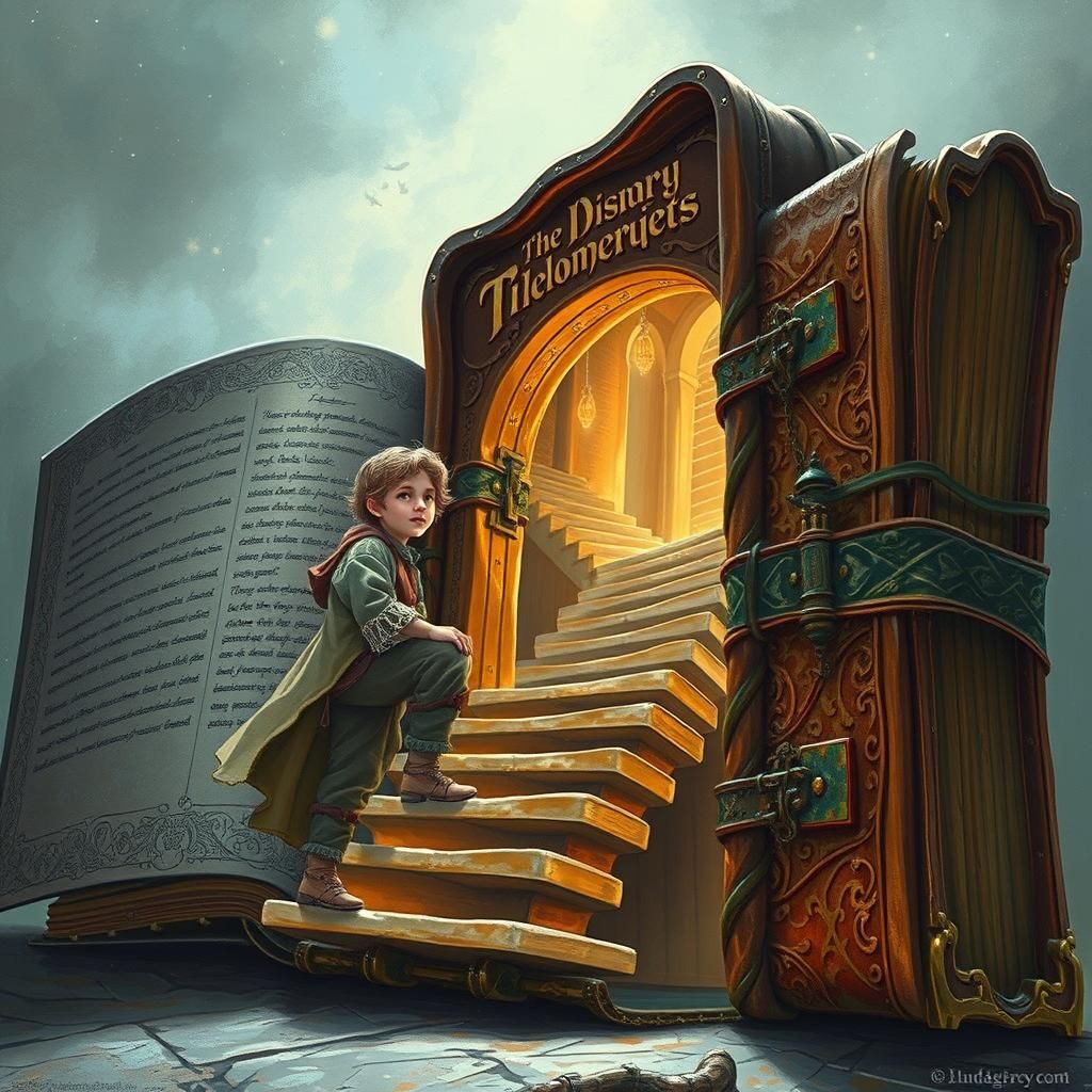 Boy Enters Giant Book Portal in Oil Painting Style