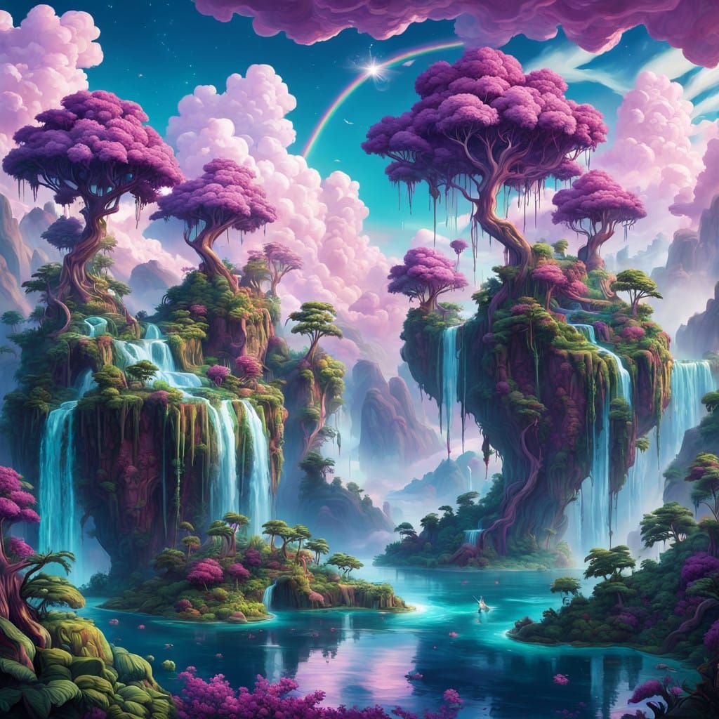 Lush Floating Islands in a Vibrant, Mystical Sky