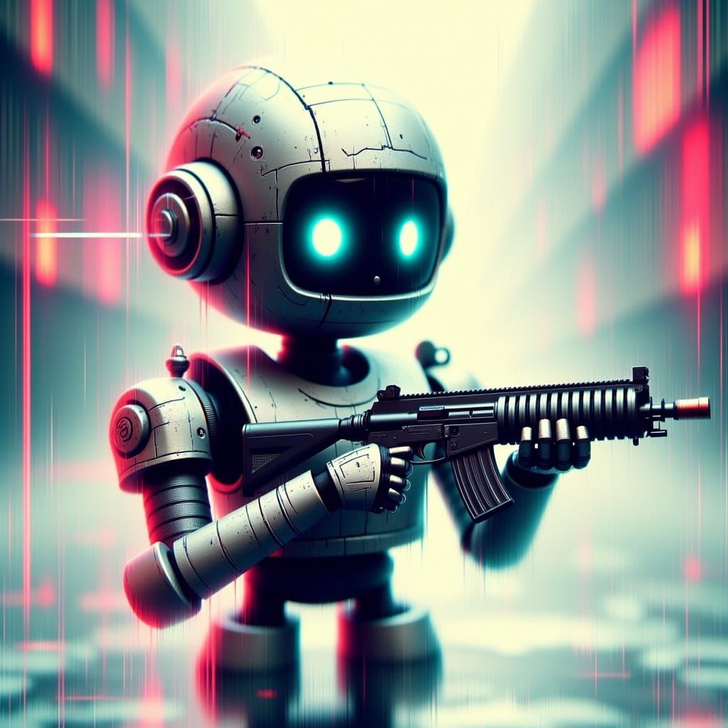 Cute Robot with Shotgun in Glitch Effect