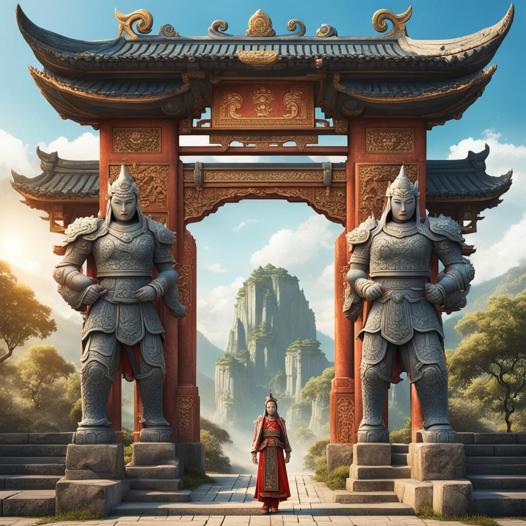 Mythological Asian Gate with Stone Warriors