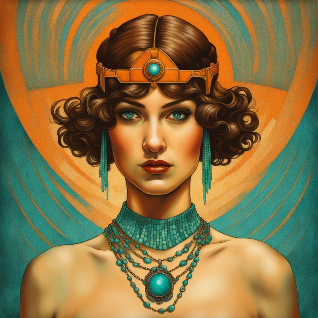 art deco necklace, greek heroine, brown eyes, brunette orang...