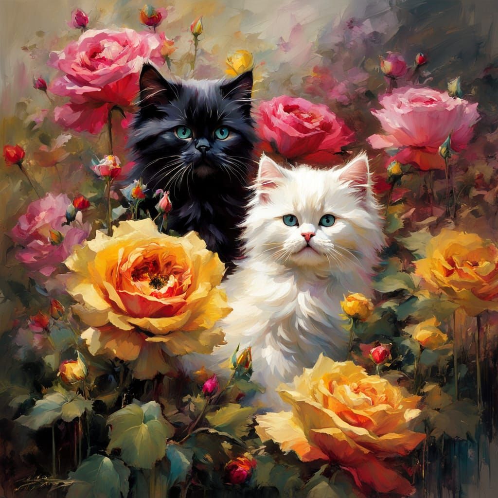 Kittens Playing in a Rose Garden as Matte Painting