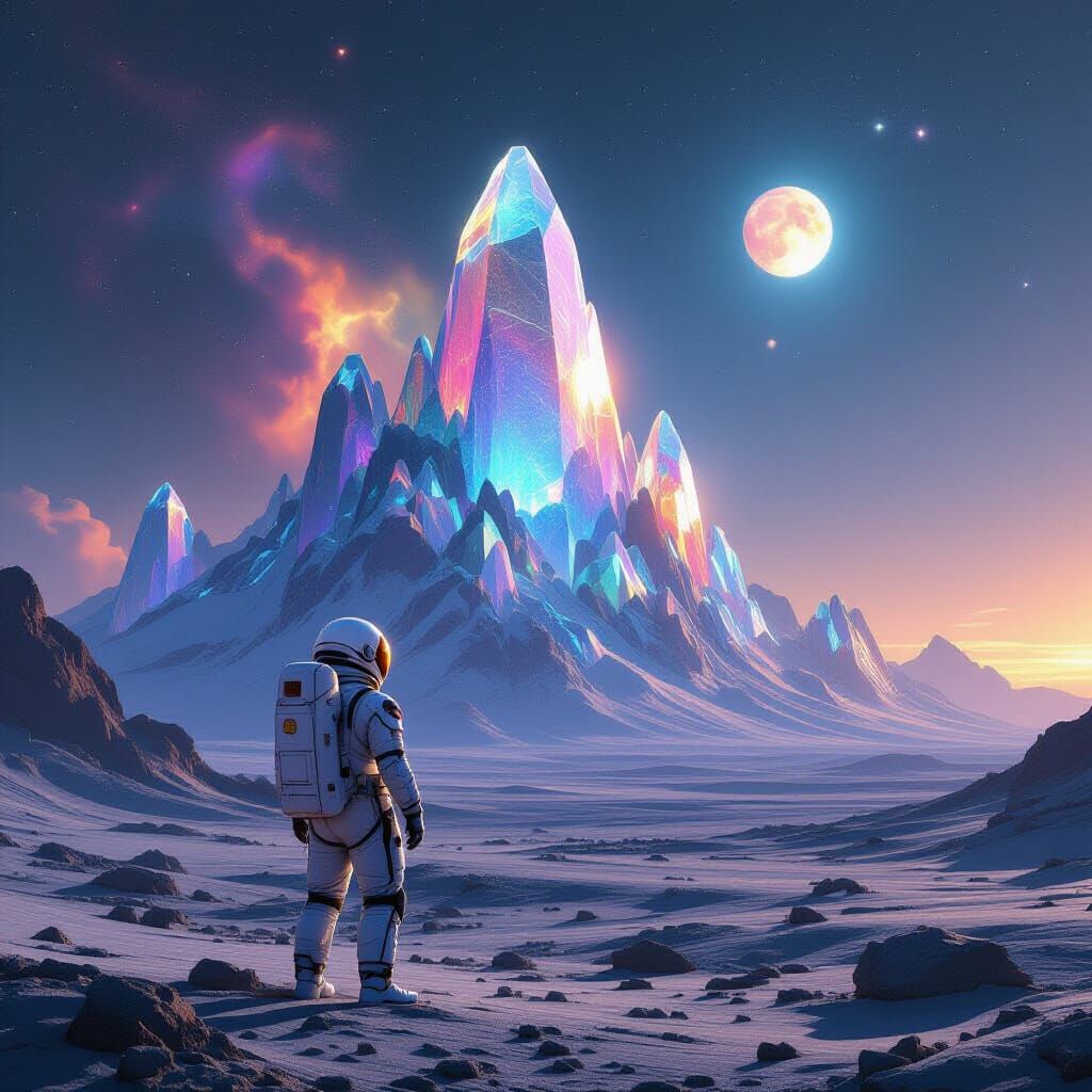 Astronaut Gazes at Crystalline Mountains on Alien Planet