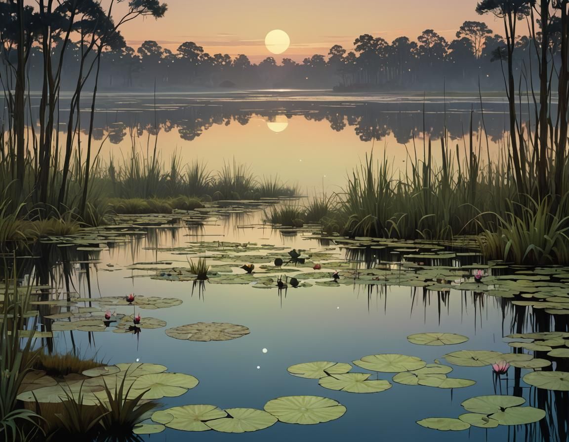 Twilight Swamp in Circular Frame, Digital Art