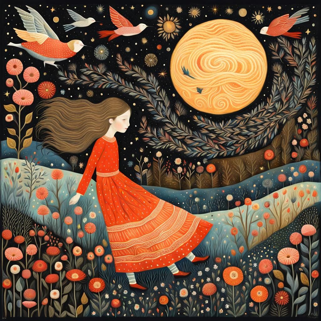 Dreamy Whimsical Girl in Infinite Galaxy Illustration