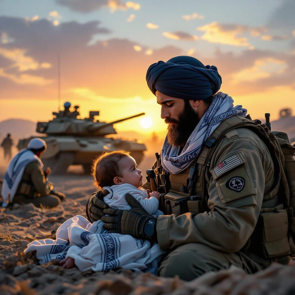 Jewish Soldier Protecting Baby in Combat, Gritty Realism