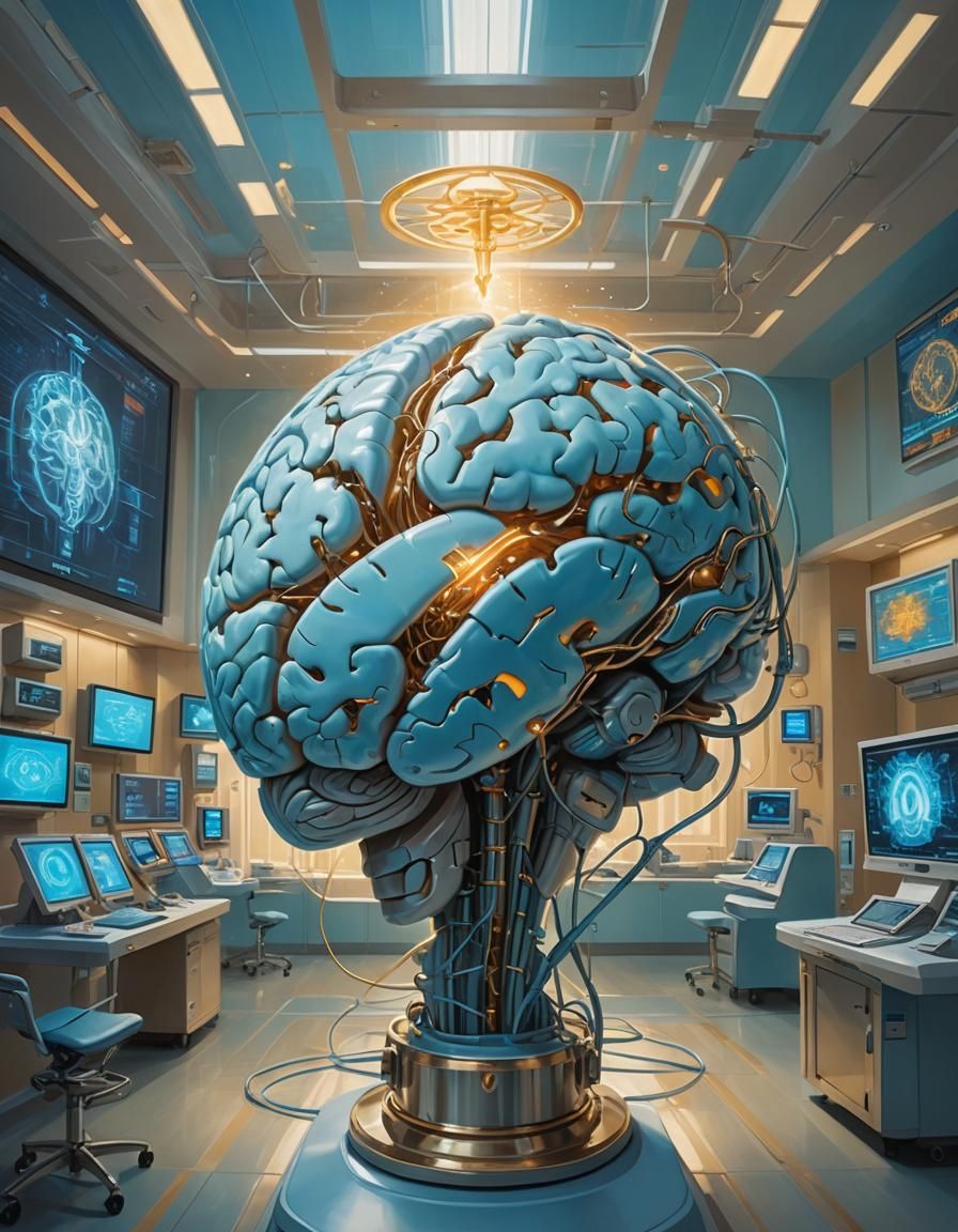 AI Brain with Caduceus in Futuristic Hospital, as Oil Painti...