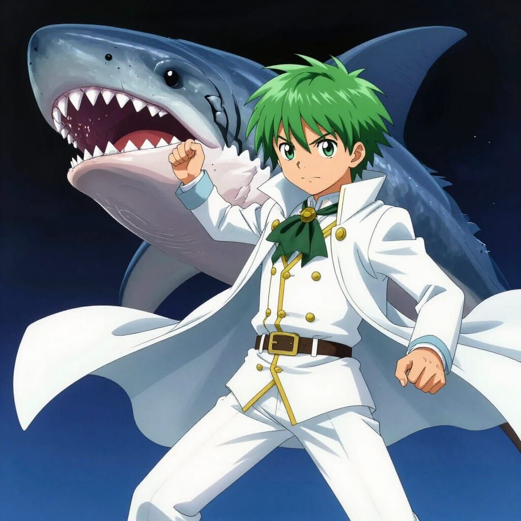 Boy in White Noble Attire Fights Megalodon