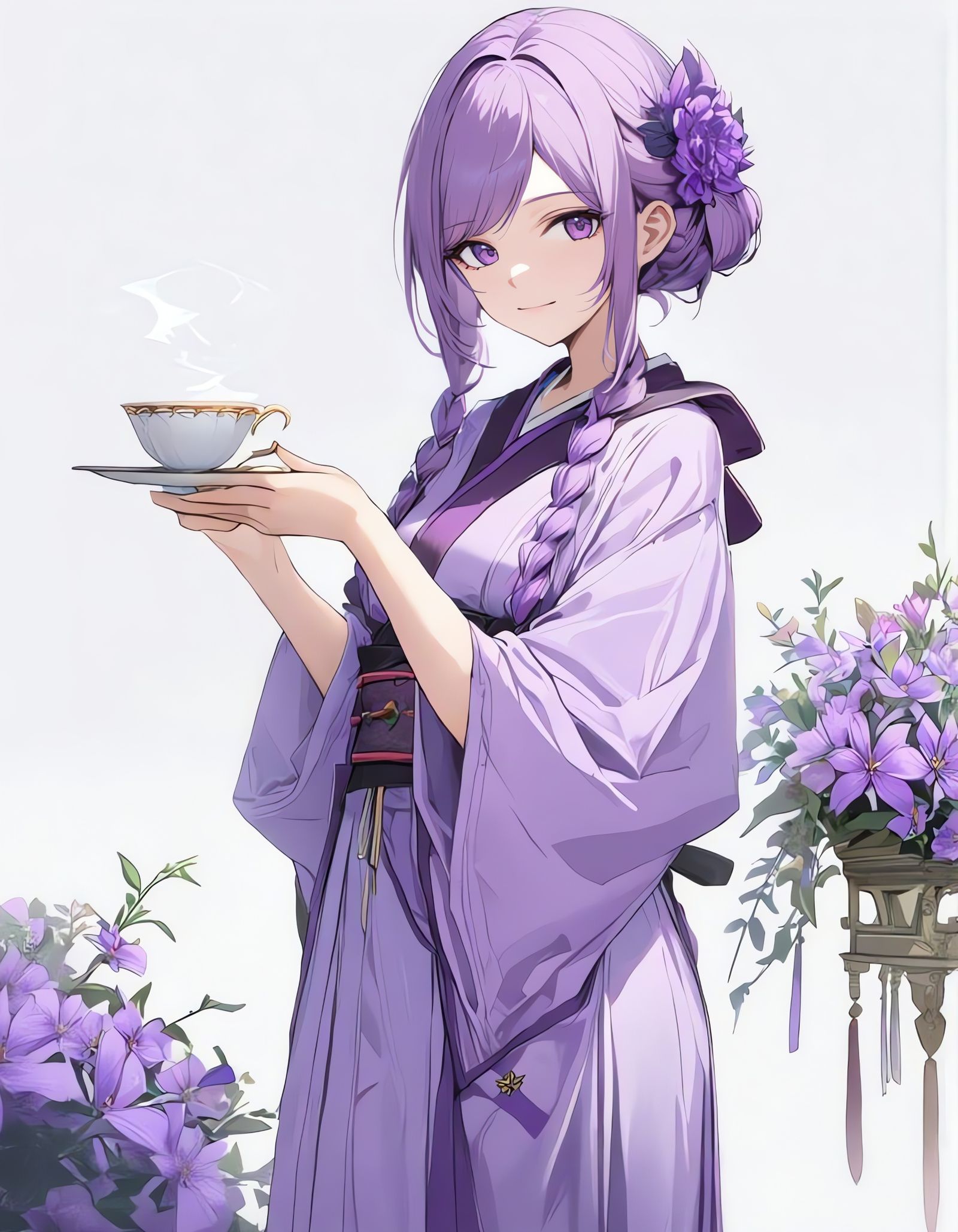 Girl with Purple Kimono Holding Teacup