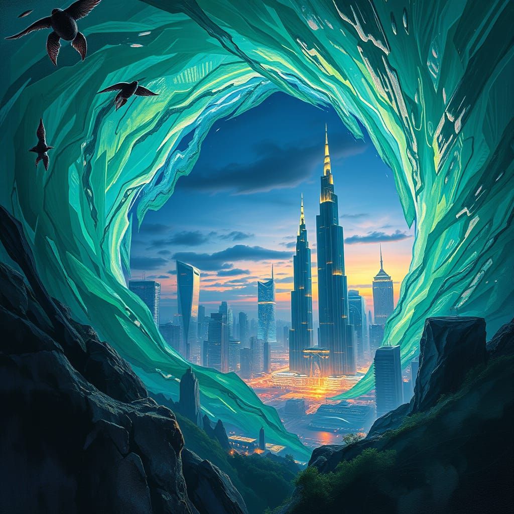 Futuristic City Portal in Hyperrealistic Style