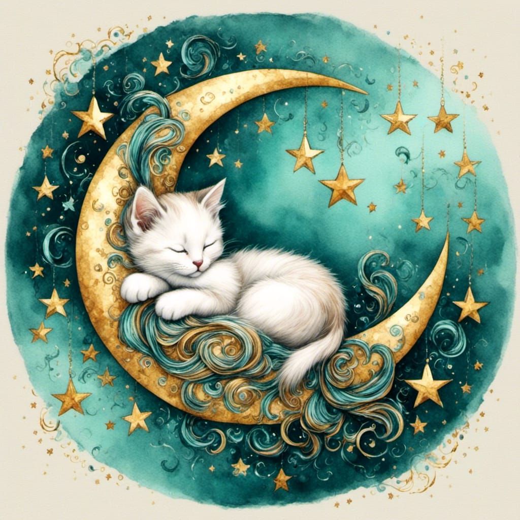 Kitten Sleeping on Crescent Moon