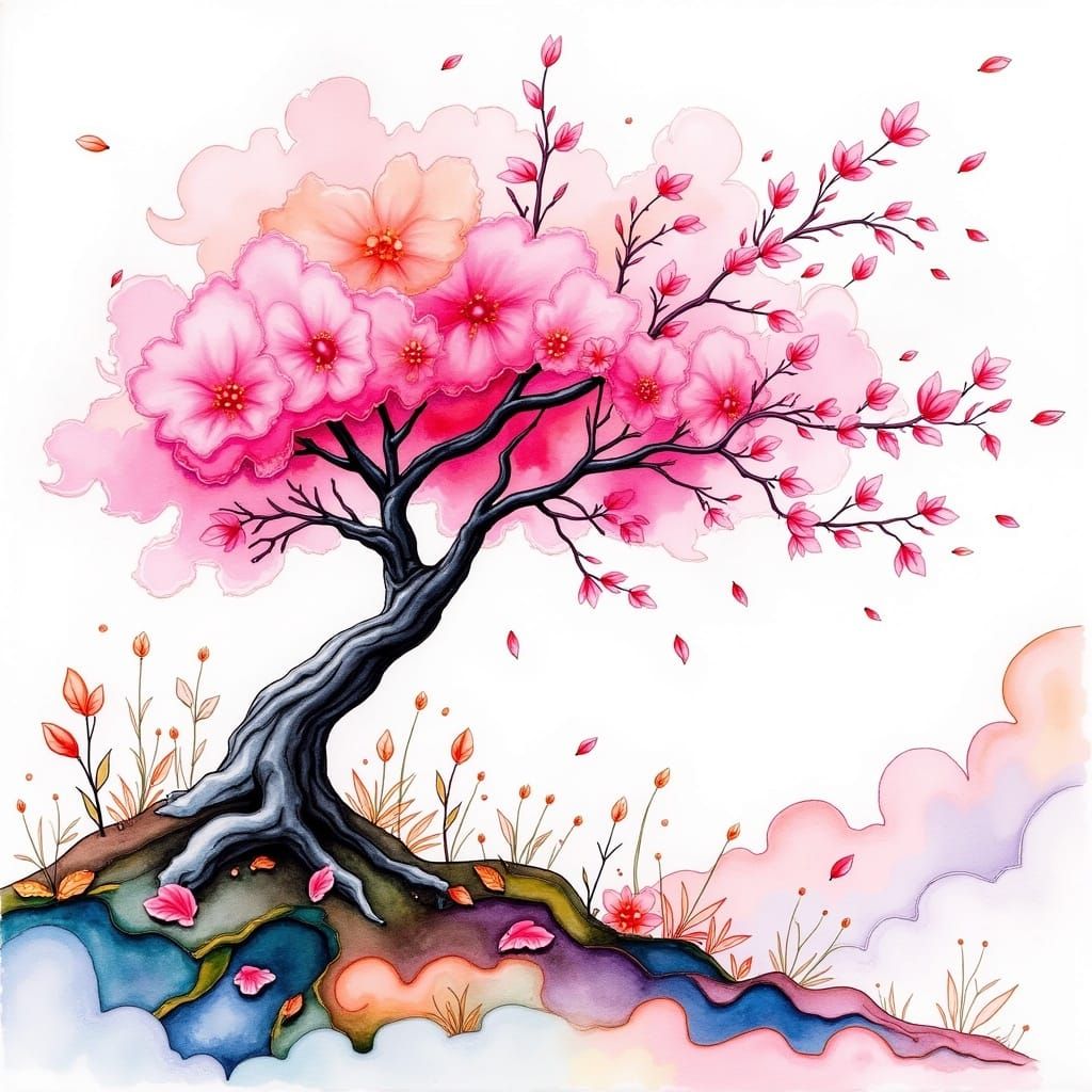Sakura Tree in Alcohol Ink Swirls: Dreamlike Scene