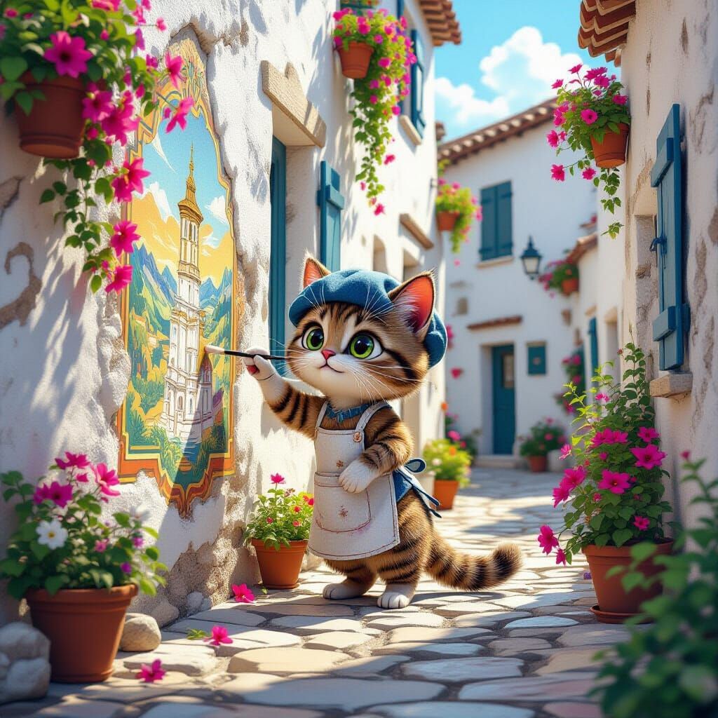Cartoon Cat Restoring Fresco in Mediterranean Alley