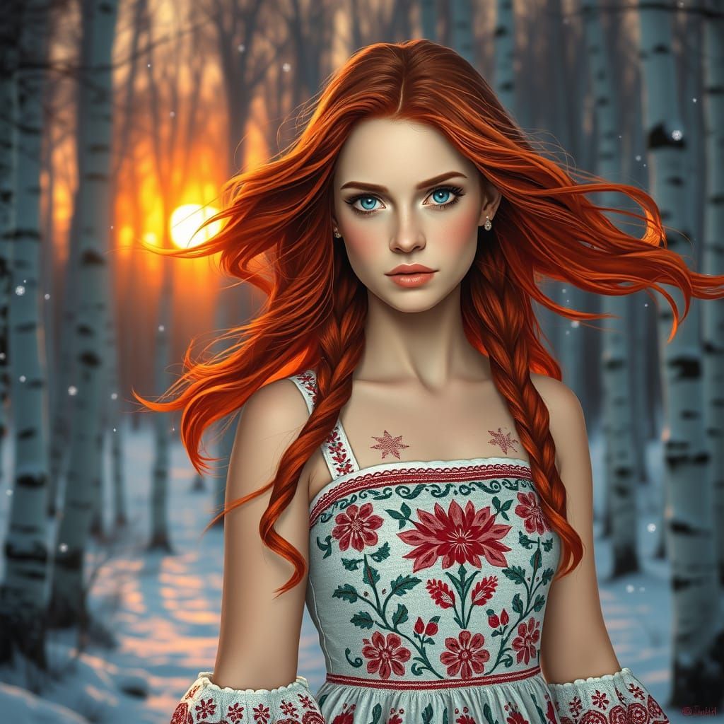 Russian Princess in Winter Forest, Inspired by Folklore Art