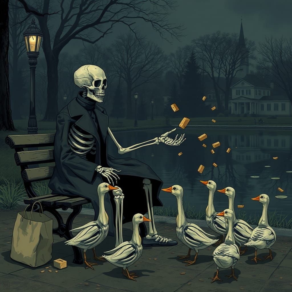 Skeleton Feeding Ducks at Night