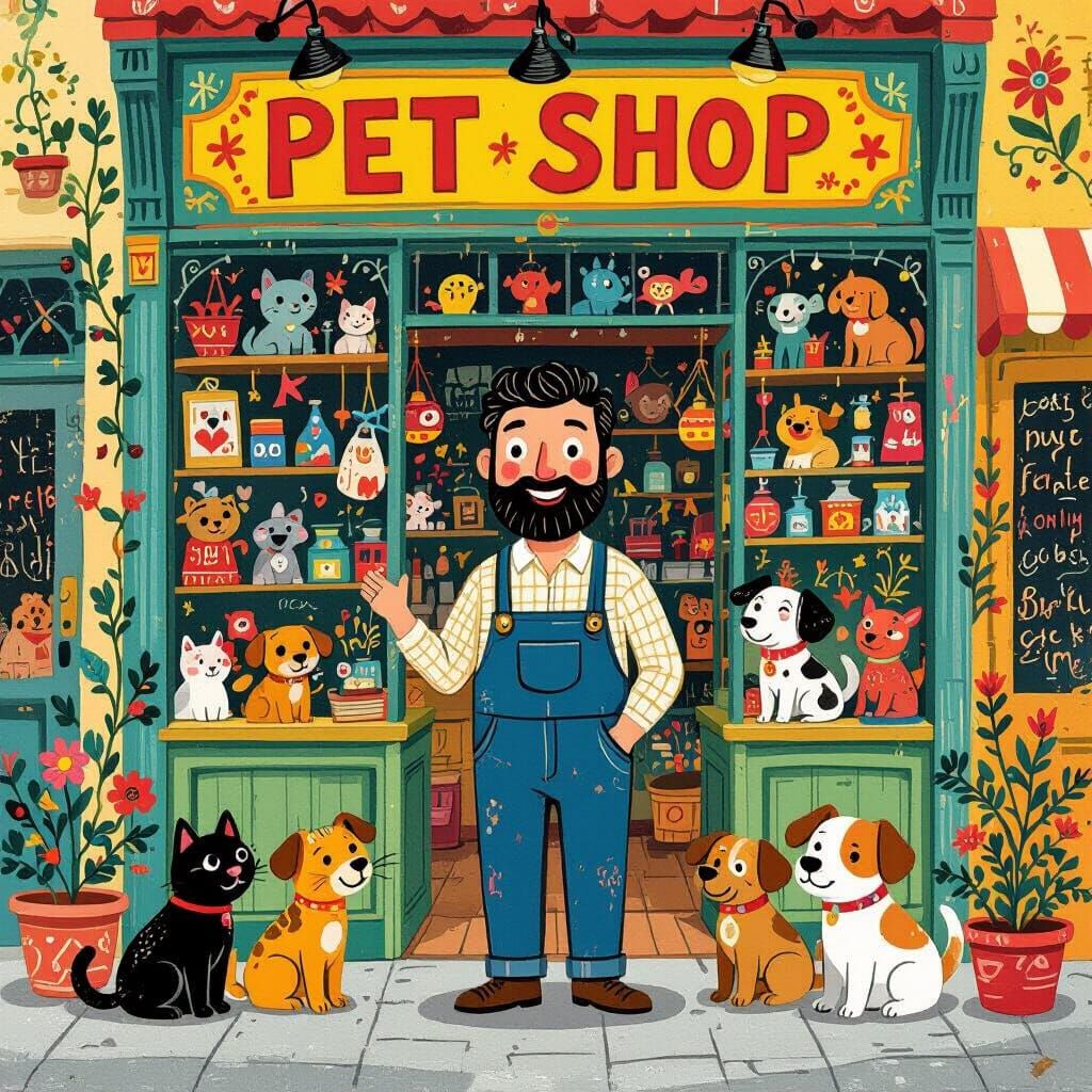 Friendly Shopkeeper in Whimsical Pet Shop Scene