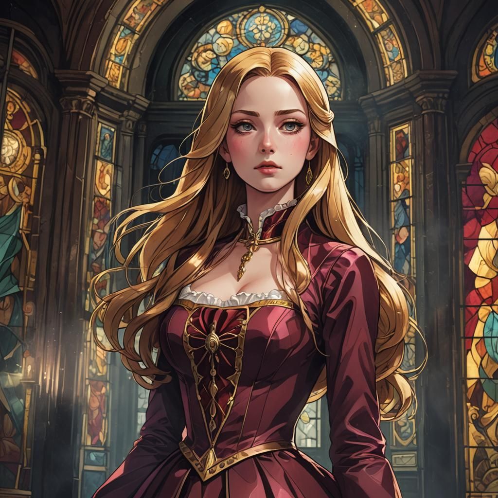 Tired Woman in Stained Glass Palace, Anime Style