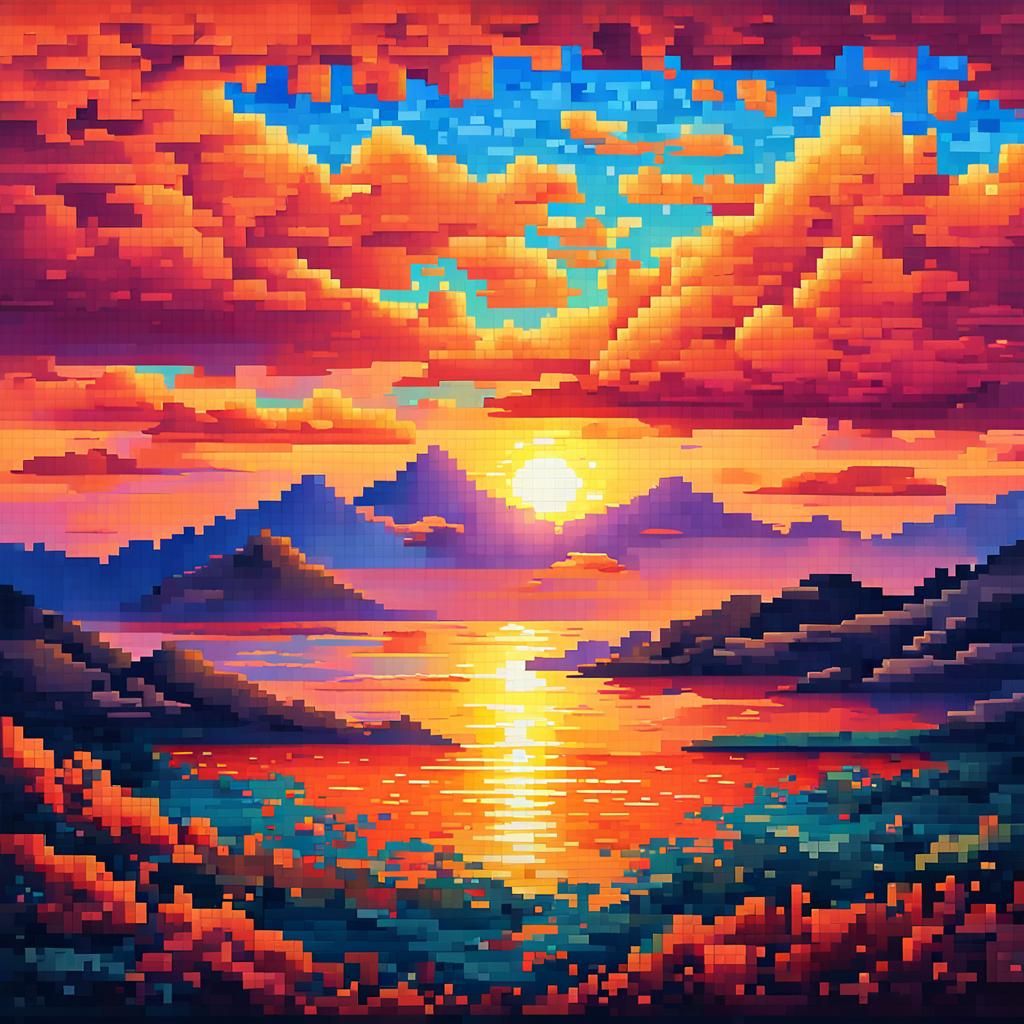 Vibrant Pixel Art Sunset Landscape in Impressionistic Style