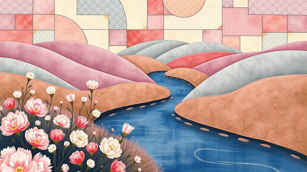 Whimsical Textile Landscape in Abstract Mondrian Style