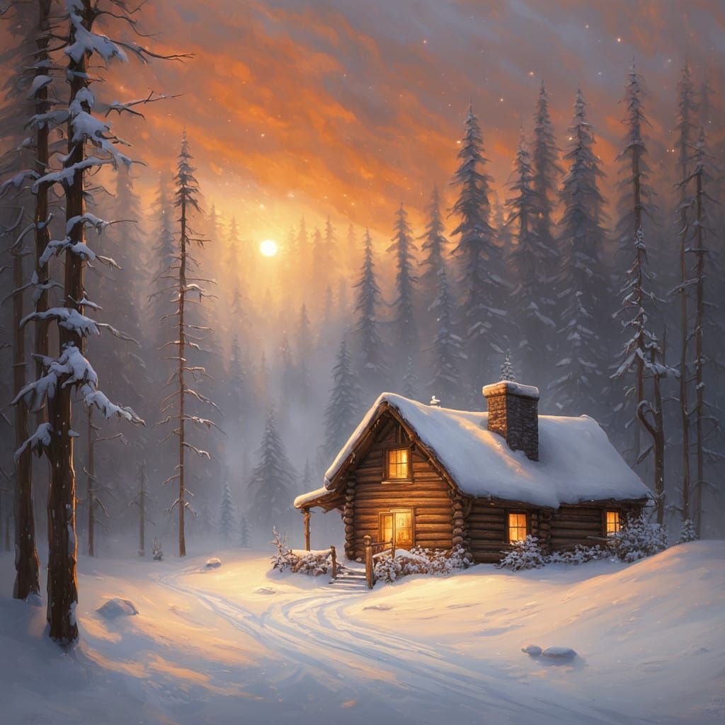 Secluded Winter Cabin in a Snowy Wonderland, in Impasto Styl...