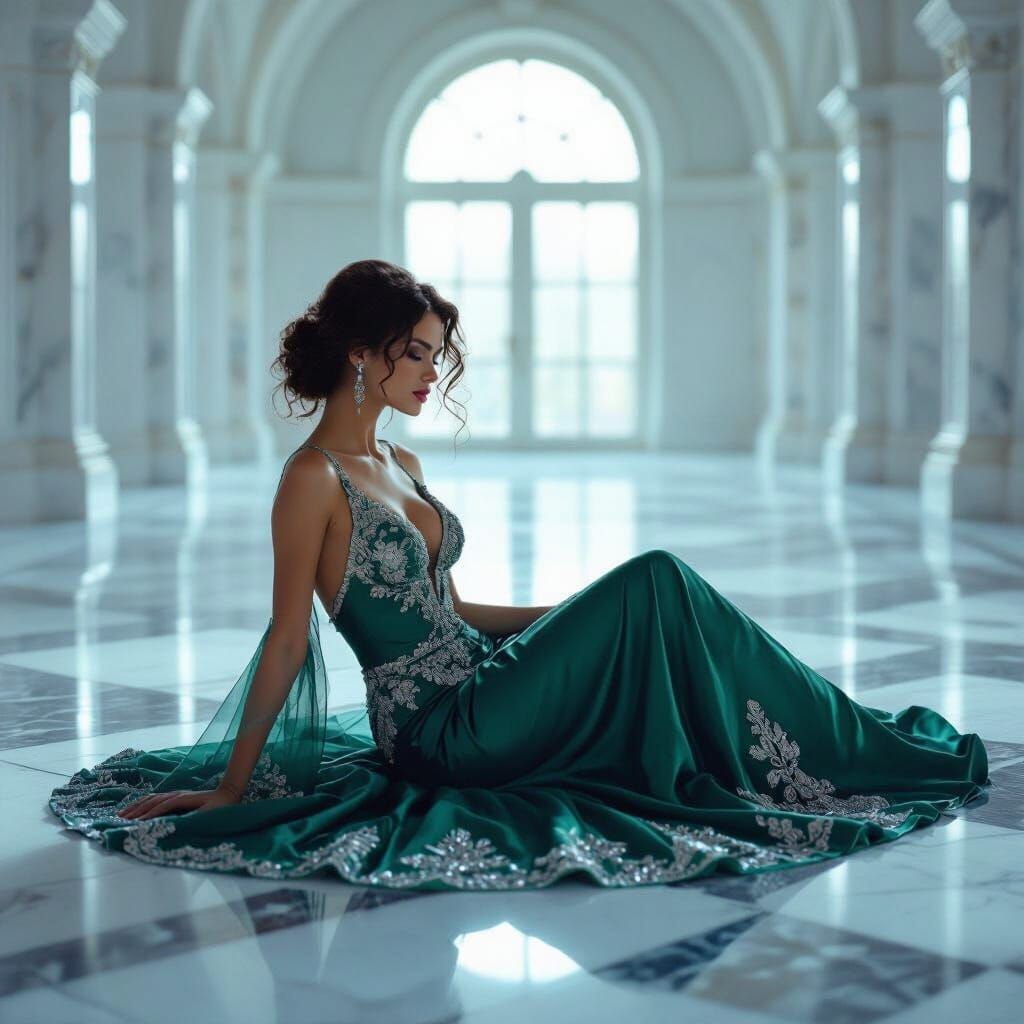 Model in Emerald Gown: High-Fashion Portrait in Grand Hall