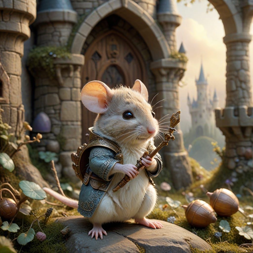 Mouse Knight Guarding Acorn Castle, Whimsical Illustration
